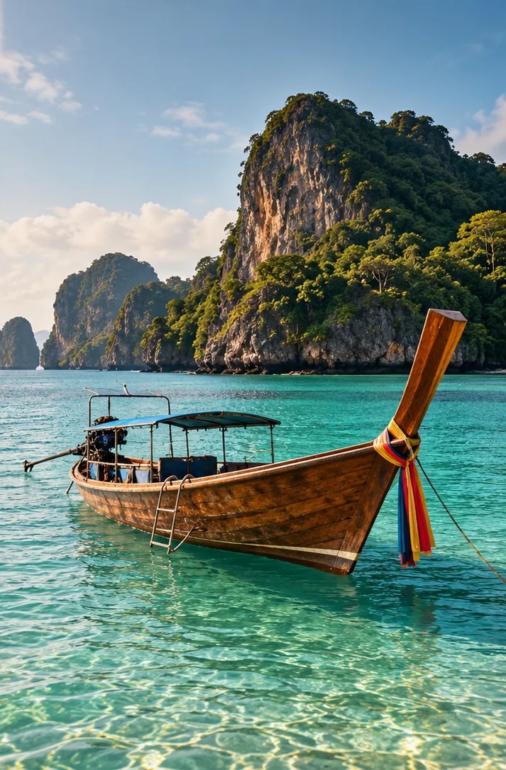 A longtail boat on turquoise water below limestone cliffs