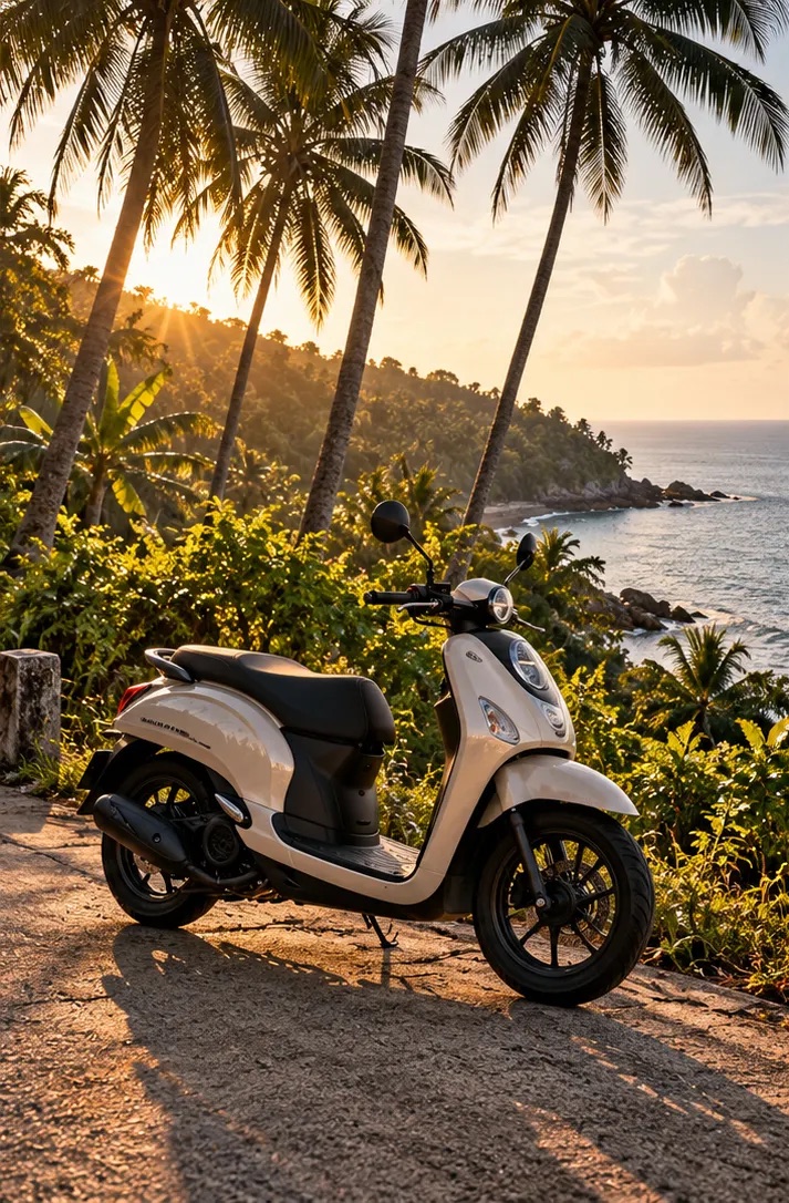 A scooter parked on a coastal road among palm trees at sunset